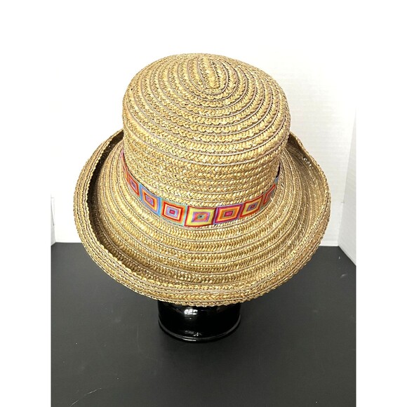 ERIC JAVITS Straw Sun Hat Boho Beaded Bucket Cloche USA Women’s Resort Rainbow - Picture 7 of 10